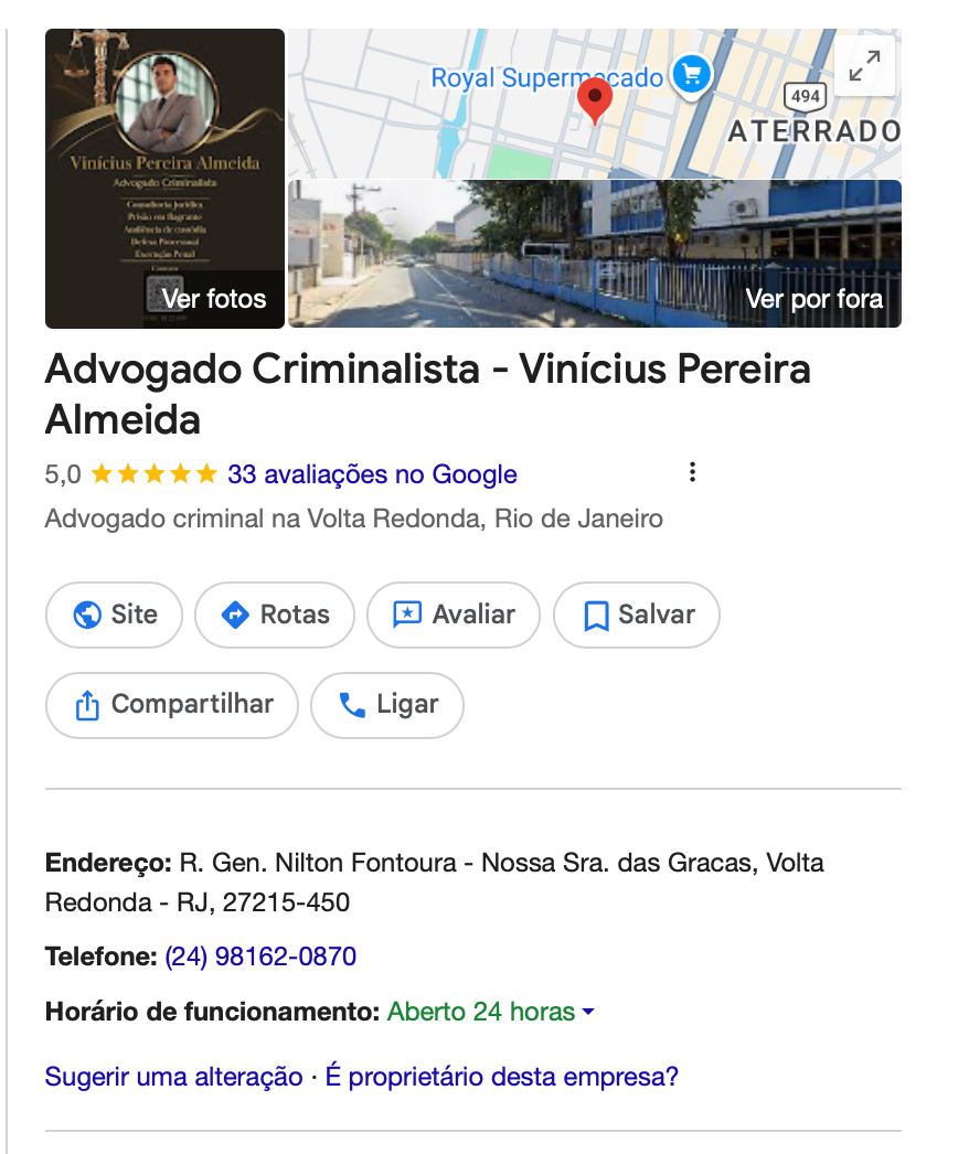 Perfil do Google de Vinícius Pereira Almeida com avaliação 5 estrelas